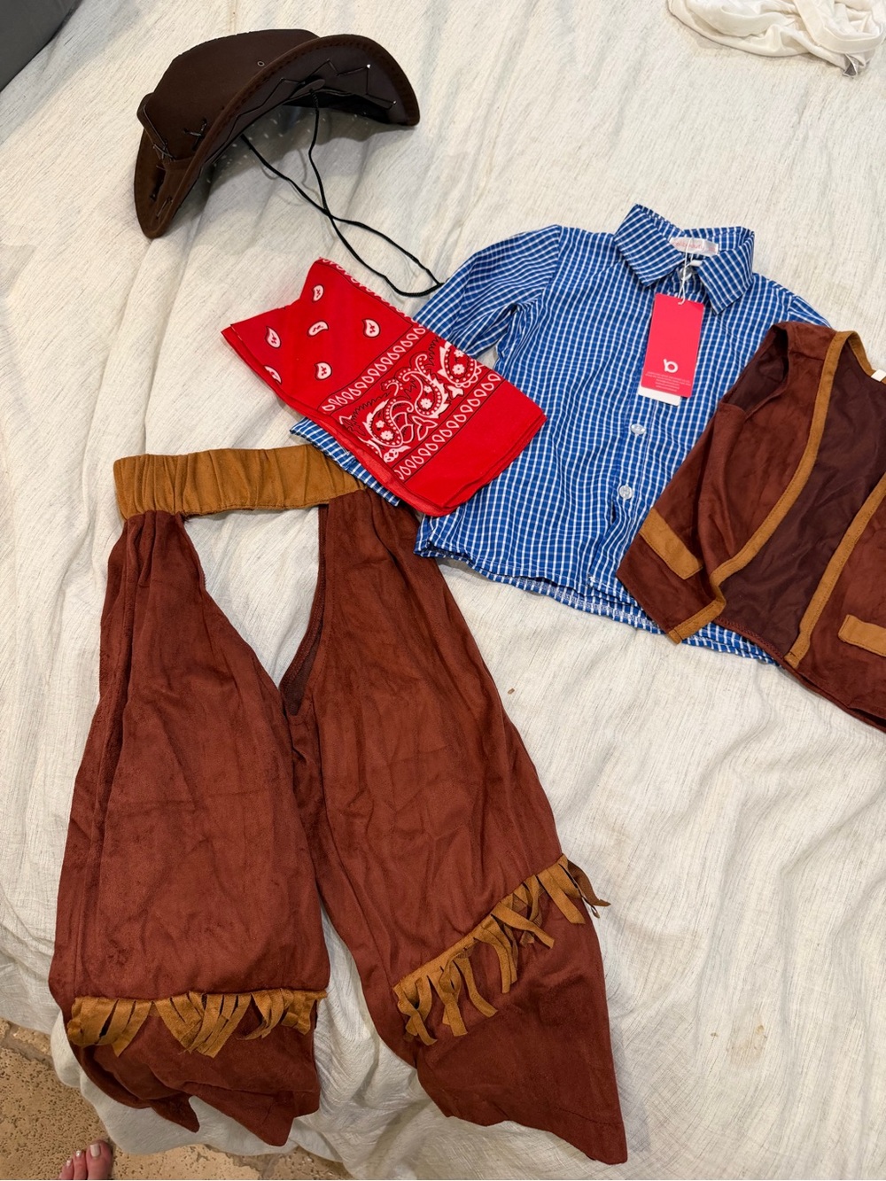 Kids Brown Cowboy Costume Set with Blue Shirt and Red Bandana